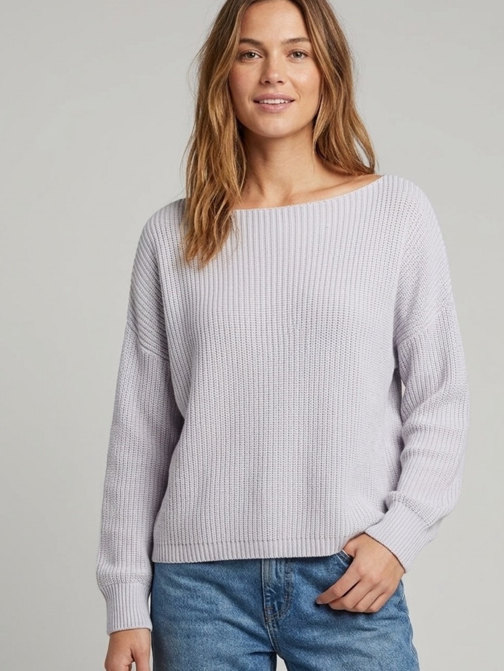 French Connection Light Lavender Off-the-Shoulder Ribbed Sweater